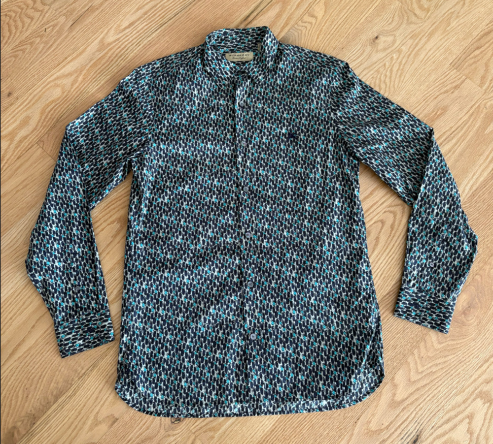Burberry London Men's Shirt Small Navy Teal Print 100% Cotton Long Sleeve
